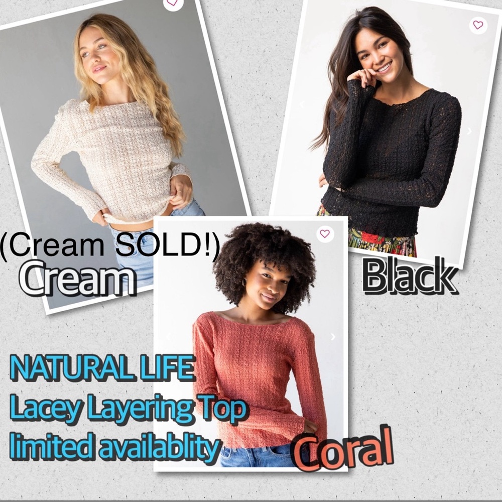 NATURAL LIFE - LACE LAYERING TOP - 
size: Medium - colors: cream, black, coral